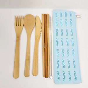 Bamboo Portable Utensils Cutlery With Blue Case. 7 Pieces Included.